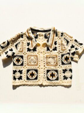 Crochet Polo Top S Rebellion Again Brown Black Boho Bohemian Festival Hippie